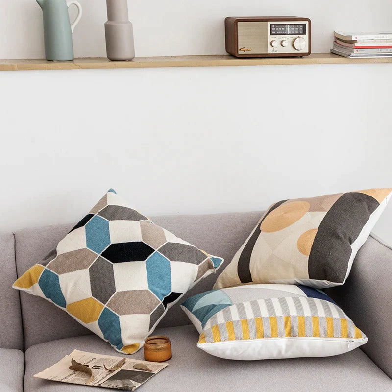 DecorBites™ Geometric Embroidery Cushion Cover Set - Blue Coffee Yellow Grey Abstract Square