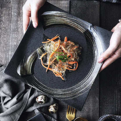 DecorBites™ Black Ceramic Sushi Plate and Rice Bowl Set