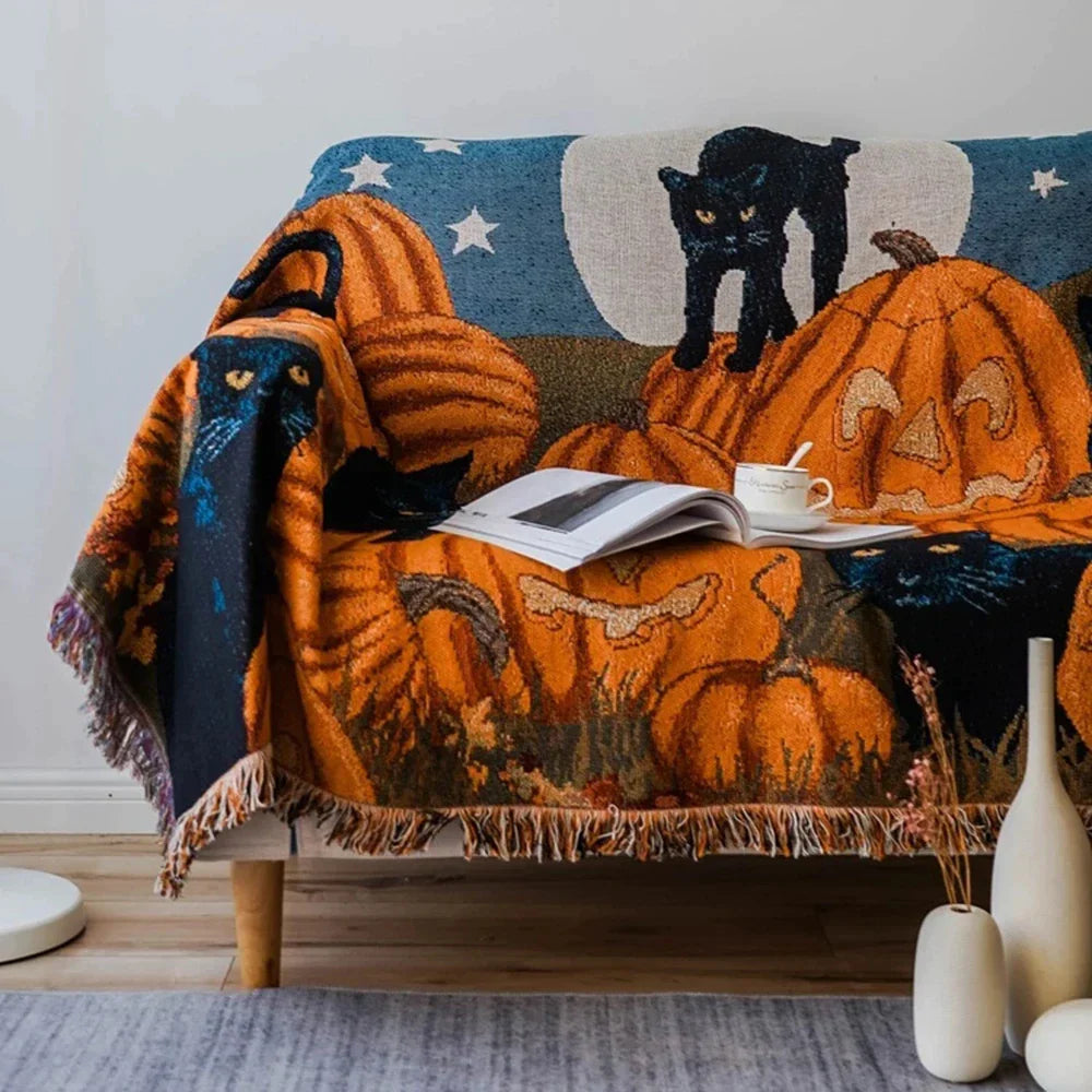Decorbites™ Halloween-Schwarze-Katze-Gestrickte-Decke – Gemütlicher Sofawurf für Herbst/Winter