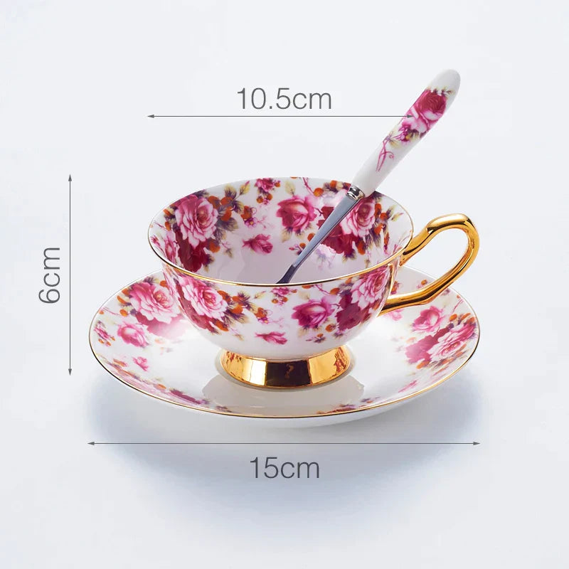 Decorbites™ Elegantes Blumen-Tee-Set - 200 ml Fassungsvermögen Porzellan-Tasse, Untertasse und Löffel