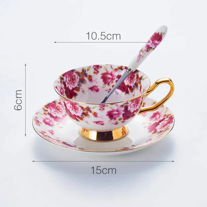 Decorbites™ Elegantes Blumen-Tee-Set - 200 ml Fassungsvermögen Porzellan-Tasse, Untertasse und Löffel