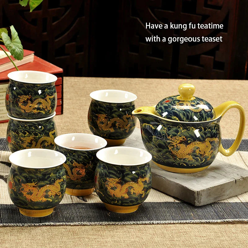Decorbites™ Drachen-Teekanne-Teeset, Porzellan-Kung-Fu-Teegerät für Pu-Erh-Oolong-Zeremonie