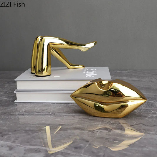 Decorbites™ Vergoldete Lippen- & Bein-Harz-Figurinen-Skulptur für modernes Wohnraum-Dekor