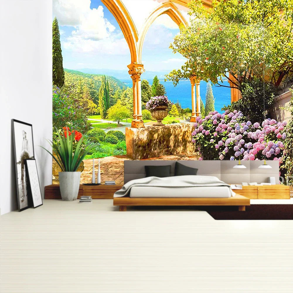 Decorbites™ Grüne Pflanzenlandschaft Wandteppich | Boho Wandbehang für Stadt Schlossberg