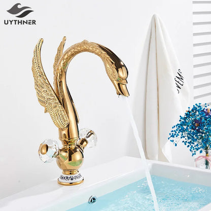 Decorbites™ Gold Swan Beckenarmatur: Aufsatz-Waschbeckenmischer mit Warm- und Kaltwasser