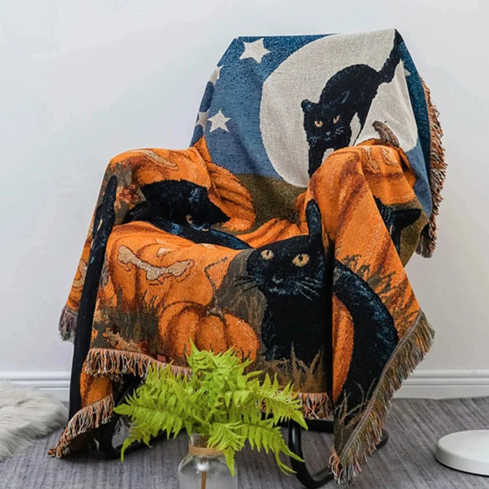 Decorbites™ Halloween-Schwarze-Katze-Gestrickte-Decke – Gemütlicher Sofawurf für Herbst/Winter