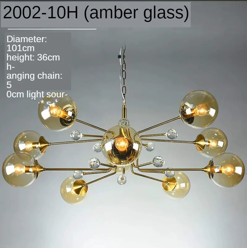 Gold Glass LED Chandelier 10-Head Clear Shades