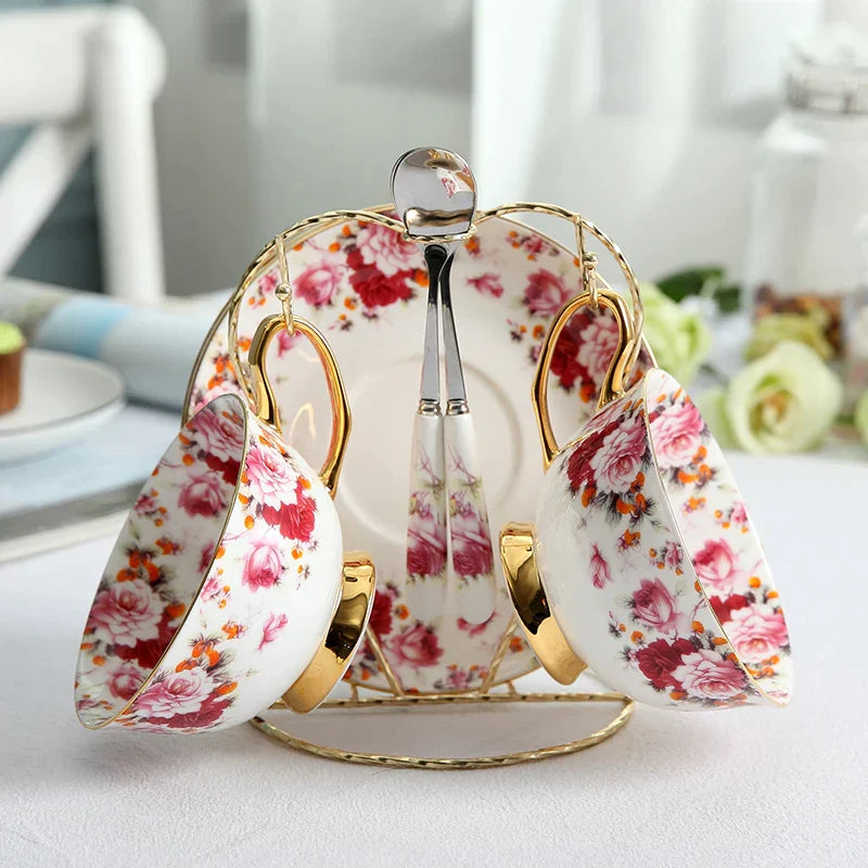 Decorbites™ Elegantes Blumen-Tee-Set - 200 ml Fassungsvermögen Porzellan-Tasse, Untertasse und Löffel