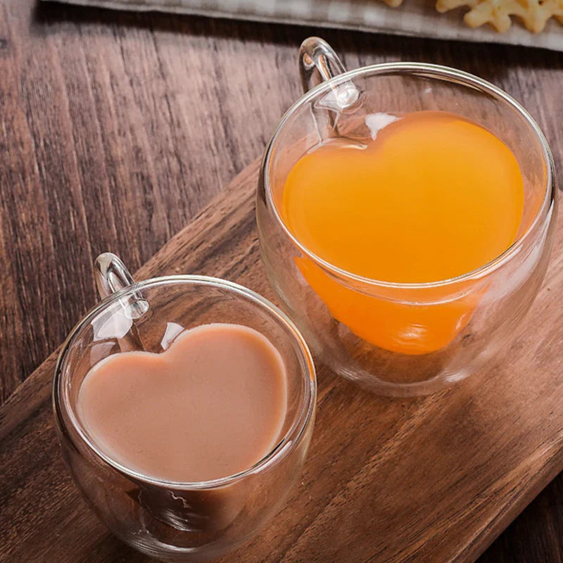 Decorbites™ Herzförmige Doppeltassen aus Glas | Romantische Paartassen für Tee, Kaffee