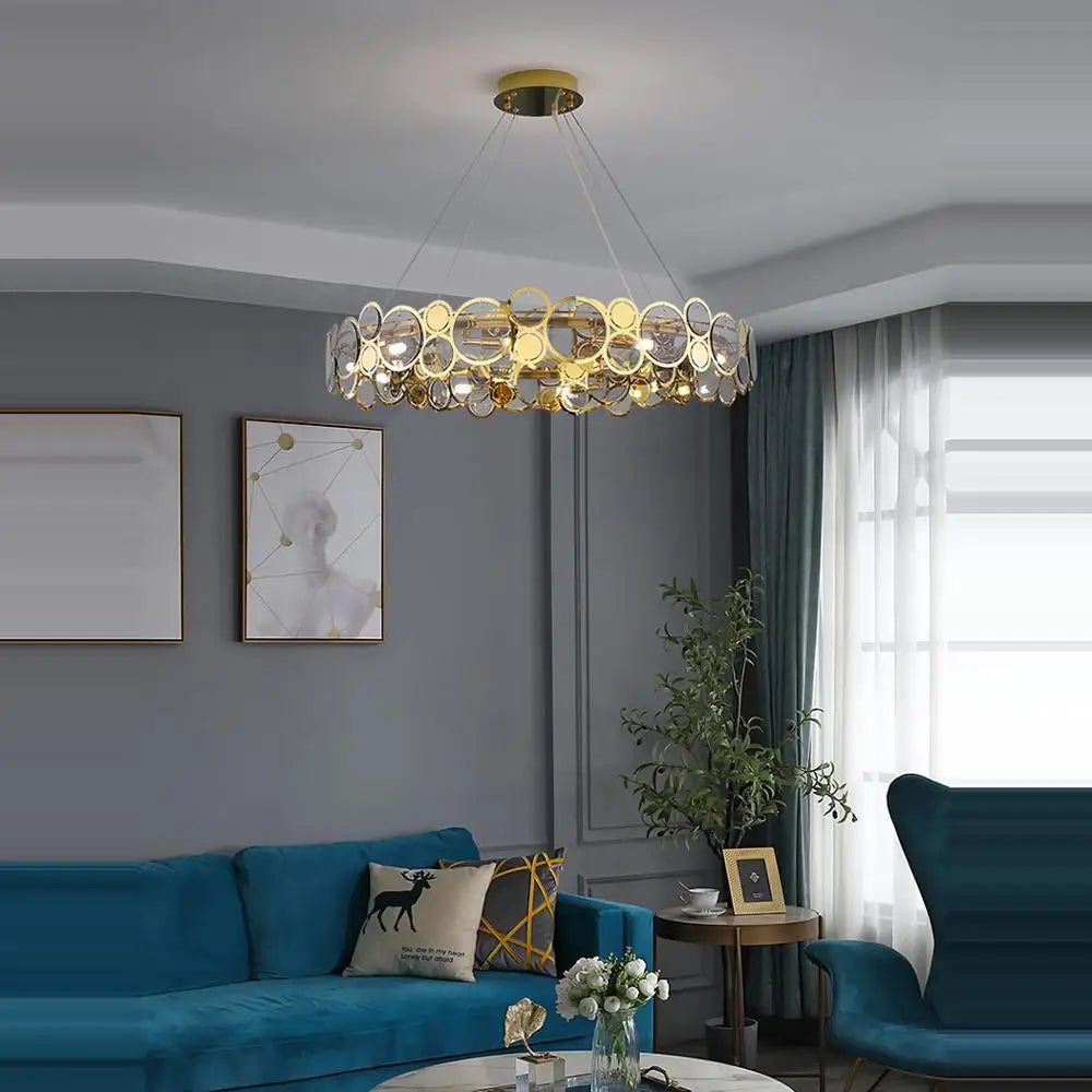 Gold Iron Glass Chandelier Oval93cm Steel Finish