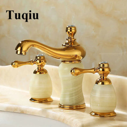 Decorbites™ Gold Messing Jade 3-Loch-Wandmontage Beckenarmatur mit Doppelgriff
