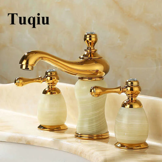 Decorbites™ Gold Messing Jade 3-Loch-Wandmontage Beckenarmatur mit Doppelgriff