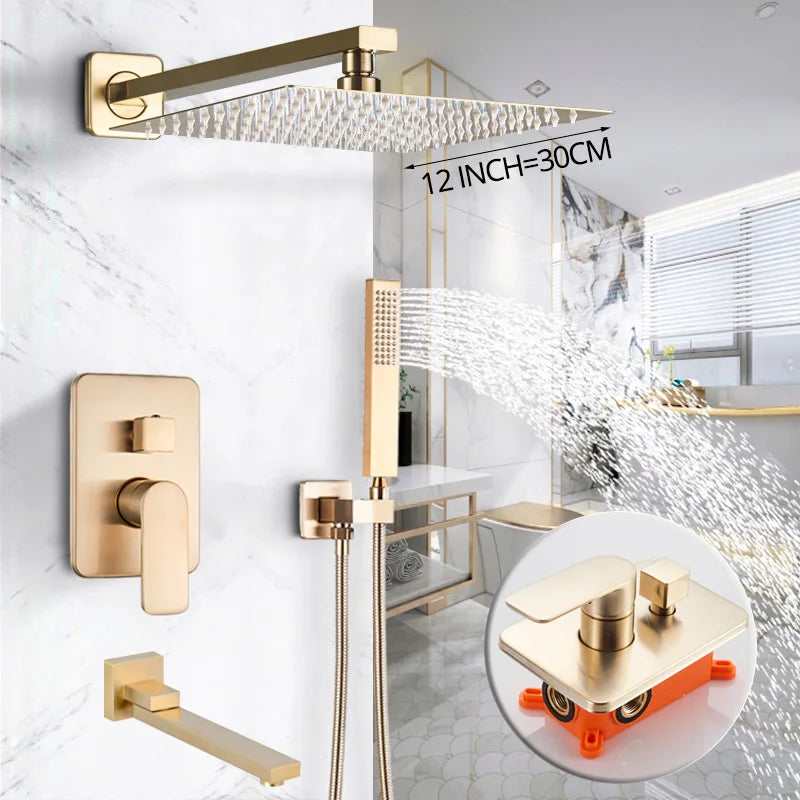 Decorbites™ Golden 8" Regenbrause-Duscharmatur-Set mit Handbrause – Wandmontierte Luxus-Mischbatterie