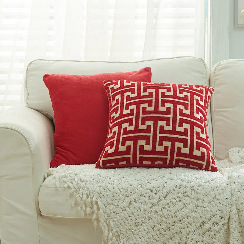 DecorBites™ Geometric Chenille Lumbar Pillowcase - Modern Red Gold Jacquard Decor Cover