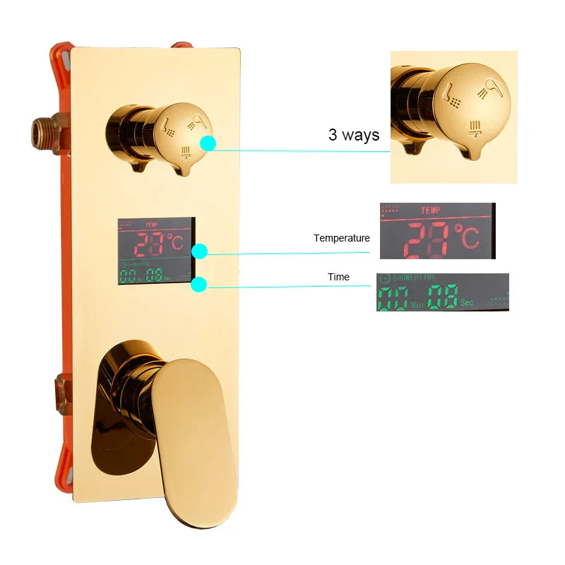 Gold Rainfall Shower Faucet With Digital Display
