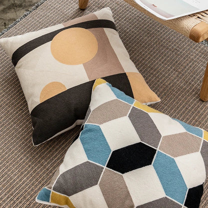 DecorBites™ Geometric Embroidery Cushion Cover Set - Blue Coffee Yellow Grey Abstract Square
