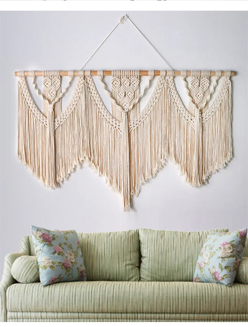 Decorbites™ Großes handgewebtes Makramee-Wandhänger-Teppich mit Holzstab und Troddeln