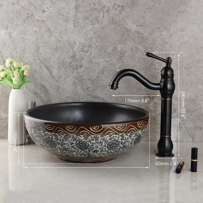 Decorbites™ Schwarzes Keramik-Waschbecken mit handgemaltem Wasserfall-Design und Messing-Wasserhahn