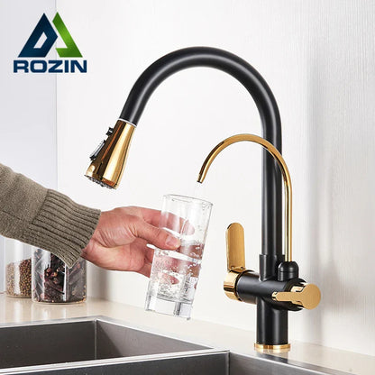 Decorbites™ 3-Wege-Wasserfilter-Küchenarmatur: Schwarzer & Goldener Kranich-Ausziehsprühkopf