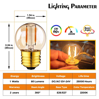 Decorbites™ Bernsteinfarbenes Vintage-LED-Glühbirne G40 1W Sockel E27 Warmweiß 2200K