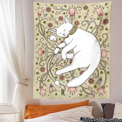 DecorBites™ Cute Cat Botanical Flower Ins Style Cartoon Wall Art Tapestries for Home Decor