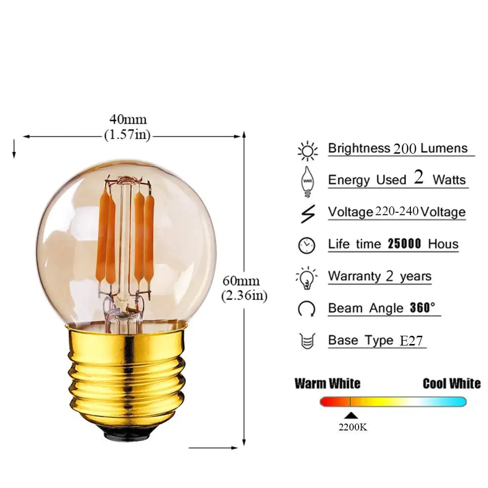 Decorbites™ G40 Edison LED-Birnen 2W E27 220V Warmweiß Filamentlampe für Zuhause Garten Bar
