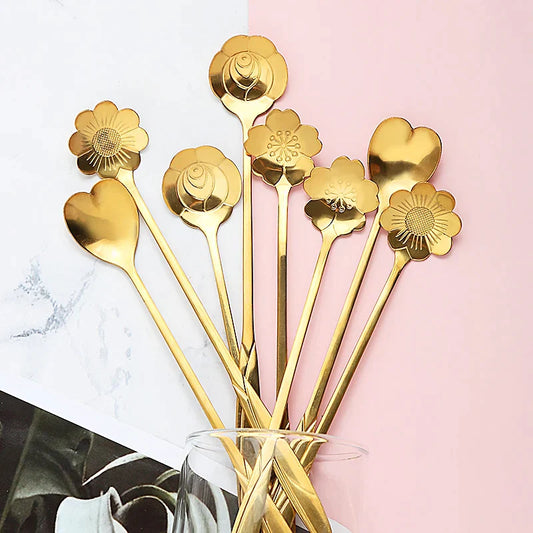 Decorbites™ Goldene Blumen Edelstahl-Teelöffel-Set für Kaffee, Desserts und Eiscreme