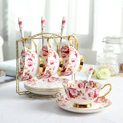 Decorbites™ Elegantes Blumen-Tee-Set - 200 ml Fassungsvermögen Porzellan-Tasse, Untertasse und Löffel