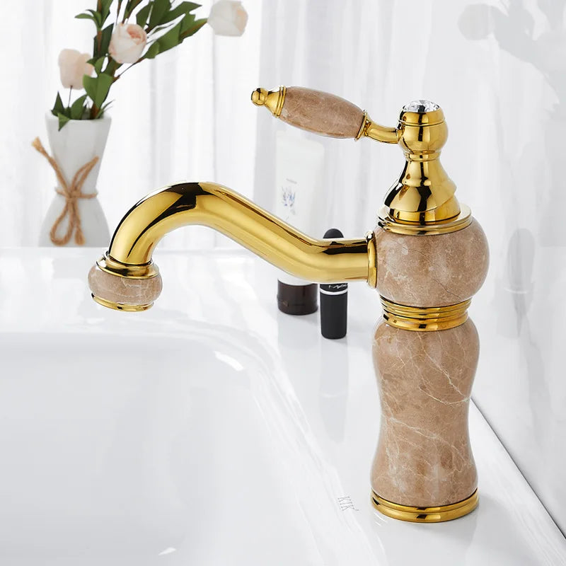 Gold Marble Basin Faucet With Pop-Up Overflow