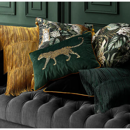 Decorbites™ Besticktes Leopardenkissenbezug in Retro Grünem Samt für luxuriöses Wohnzimmer