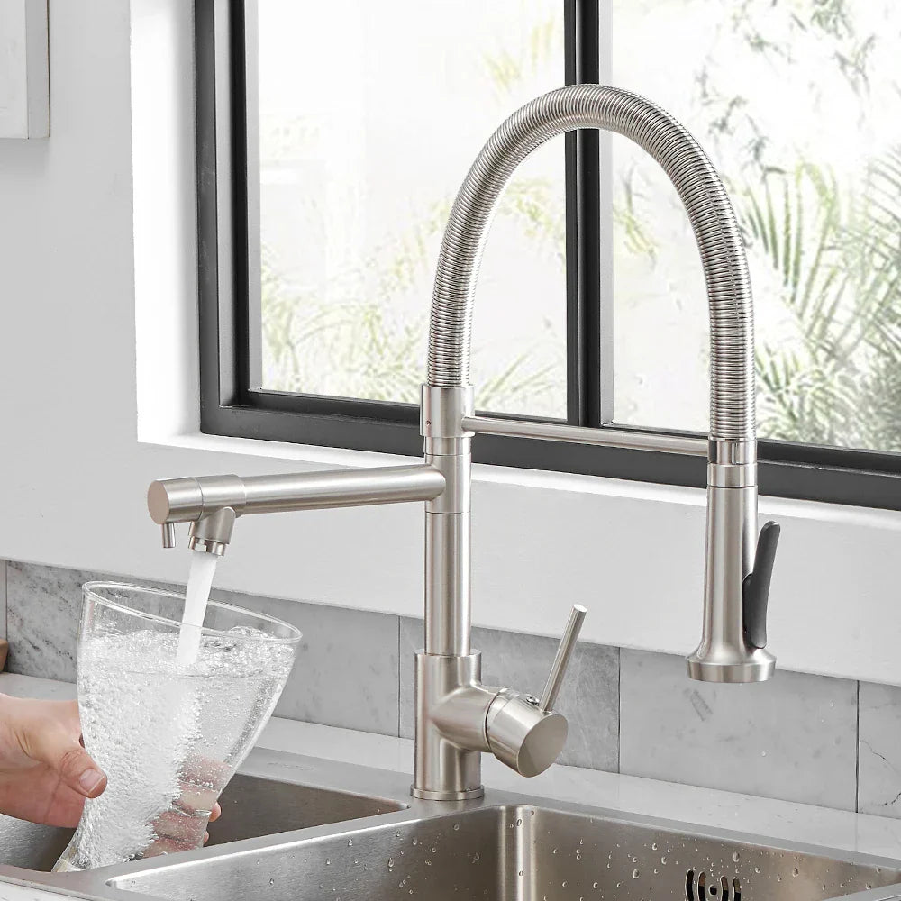 Brass Dual Spout Faucet Retractable Kitchen