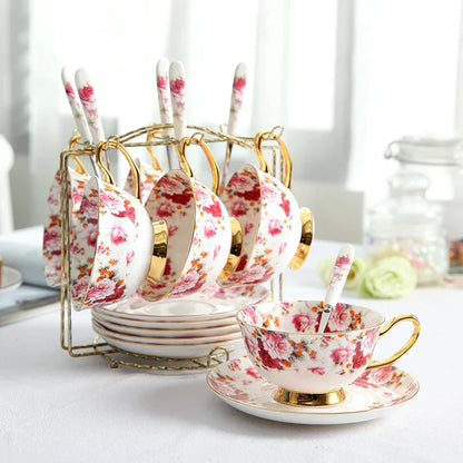 Decorbites™ Elegantes Blumen-Tee-Set - 200 ml Fassungsvermögen Porzellan-Tasse, Untertasse und Löffel