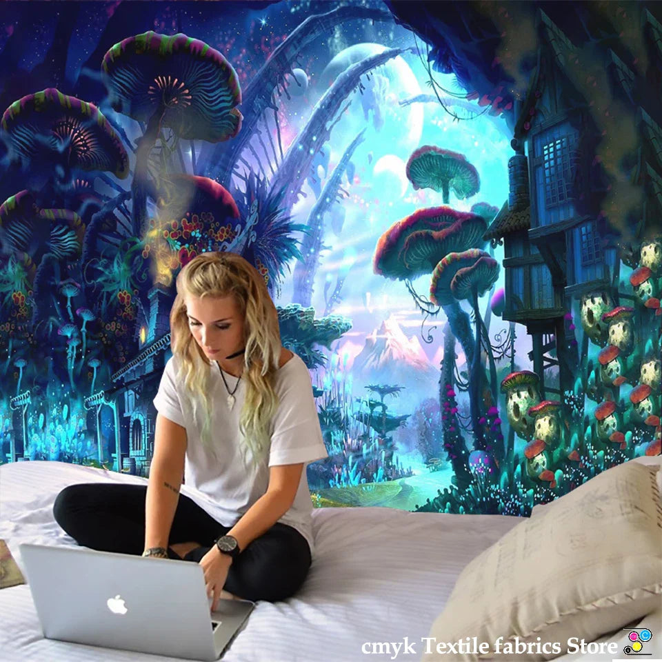 Decorbites™ Träumerisches Schloss-Pilz-Gobelin Psychedelisches Wandhänge Hippie-Kinder-Dekoration
