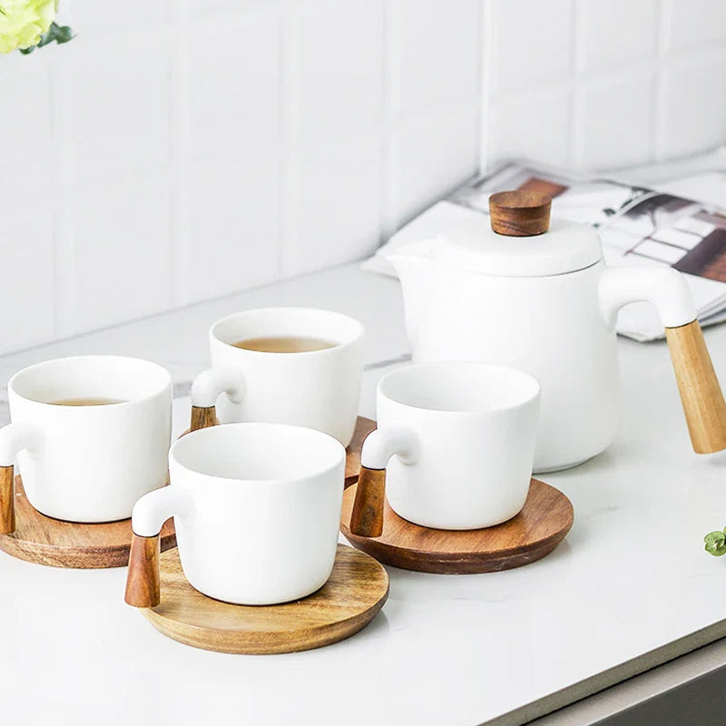 Decorbites™ Japanischer Stil Keramik-Teekanne-Set mit Holzgriff | Hitzebeständiges Borosilikatglas