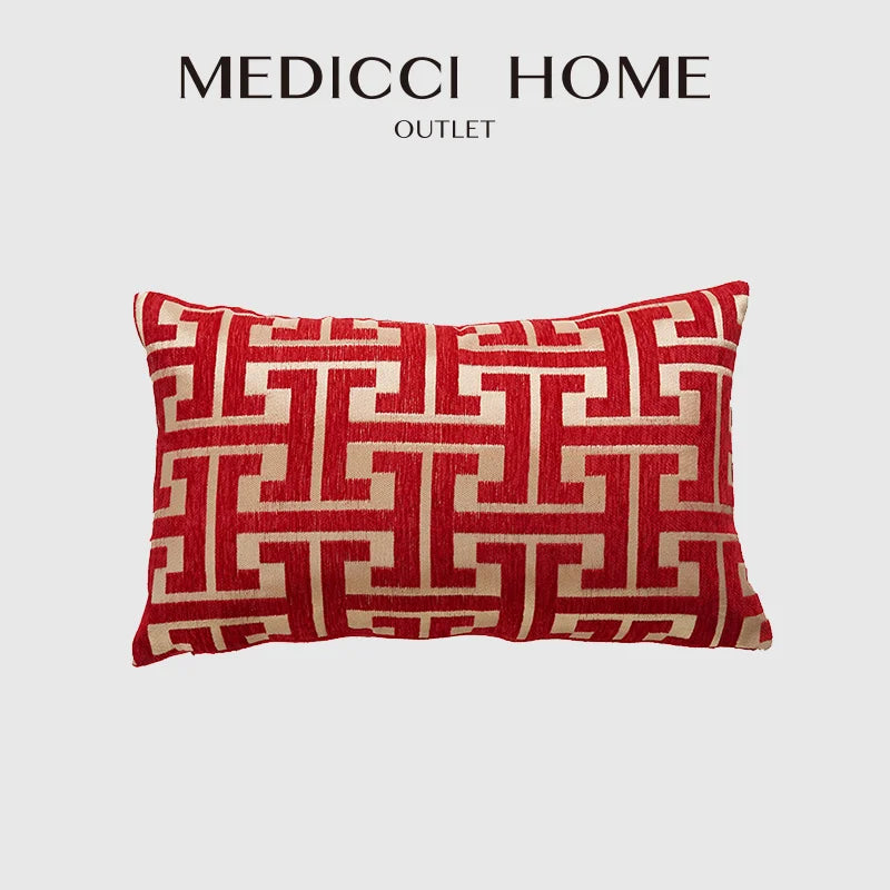 DecorBites™ Geometric Chenille Lumbar Pillowcase - Modern Red Gold Jacquard Decor Cover