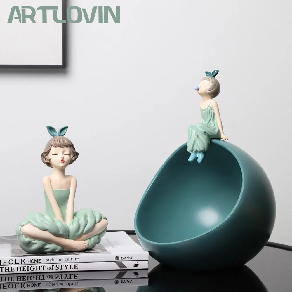 Decorbites™ Schleifenmädchen-Figur: Moderne nordische Charakterskulptur mit Aufbewahrungsbox