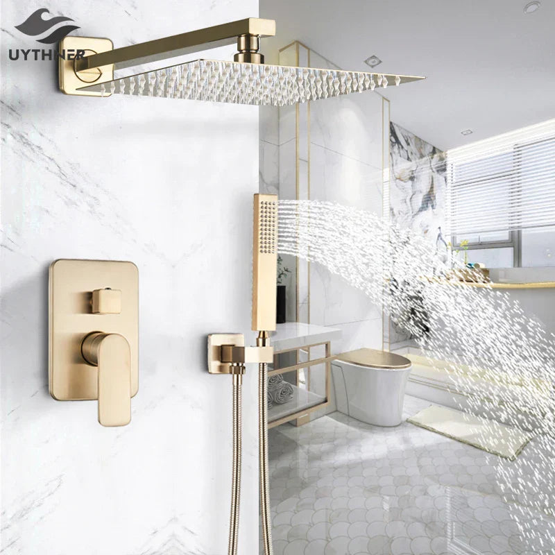 Decorbites™ Golden 8" Regenbrause-Duscharmatur-Set mit Handbrause – Wandmontierte Luxus-Mischbatterie