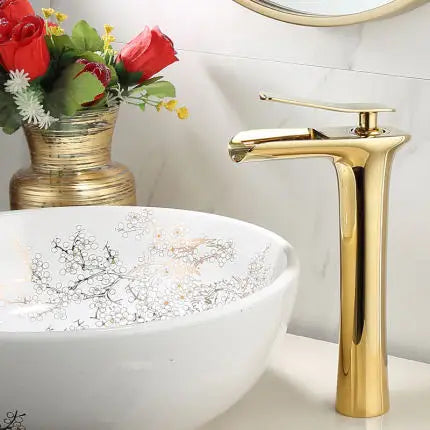 DecorBites™ Gold Waterfall Bathroom Basin Faucet Mixer Tap Hot Cold White Sink