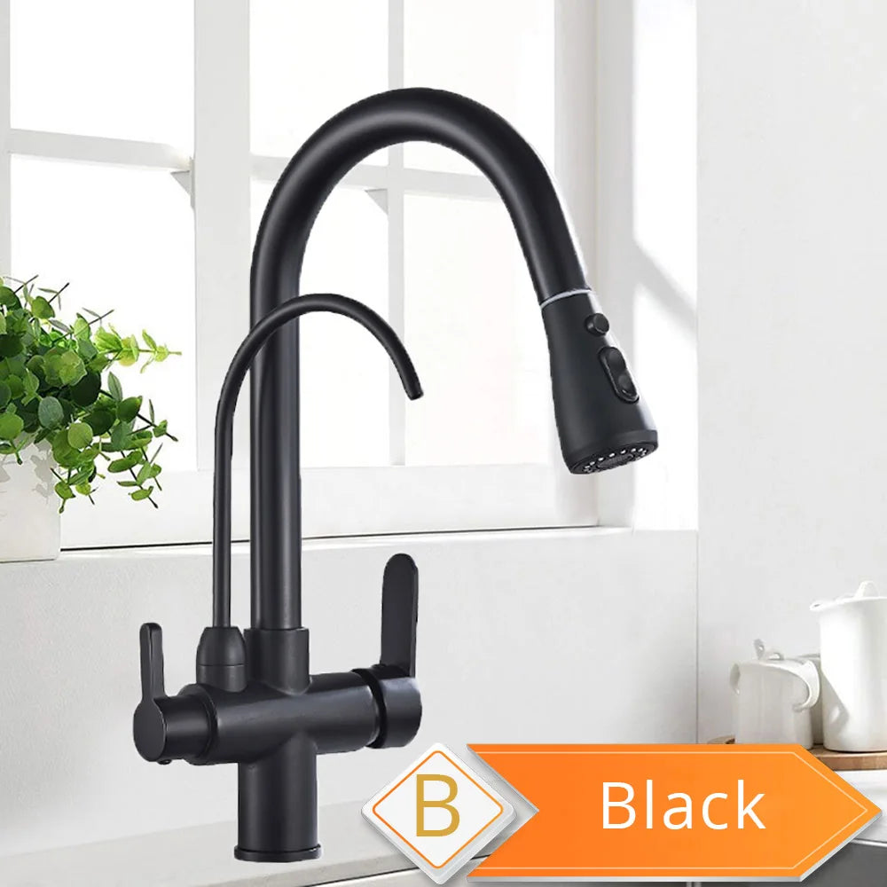 Decorbites™ 3-Wege-Wasserfilter-Küchenarmatur: Schwarzer & Goldener Kranich-Ausziehsprühkopf