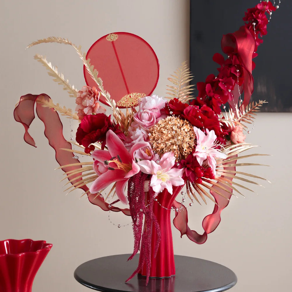 Decorbites™ Geometrisches Faltenmuster Keramikvase Rotes Blumenarrangement Terrarium Wohnraumausstattung