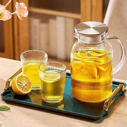 Decorbites™ Glas-Kaltwasserkessel-Set: Transparent gestreiftes Design, Edelstahl-Deckel, 1,6-Liter-Fassungsvermögen