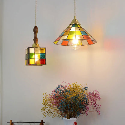 Decorbites™ Bunte Glas-Magisches-Würfel-LED-Hängeleuchte Tiffany-Stil Holz-Hänge-Lampe