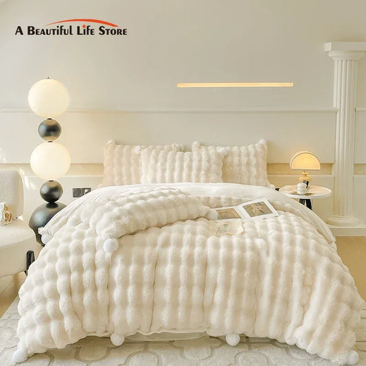 DecorBites™ Double-Sided Rabbit Fur Bedding Set, Plush Velvet Fleece, Monochromatic Luxury Duvet Set