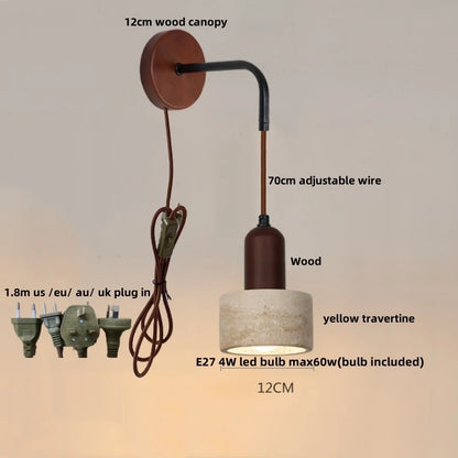 DecorBites™ LED Wall Lamp Pull Chain Switch Wood Nordic Modern Yellow Travertine Mirror Light