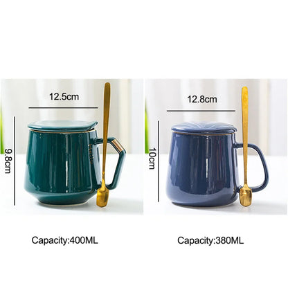 Decorbites™ Goldbemaltes Keramikbecher-Set mit Deckel und Löffel für Kaffee, Wasser, Milch – 400 ml