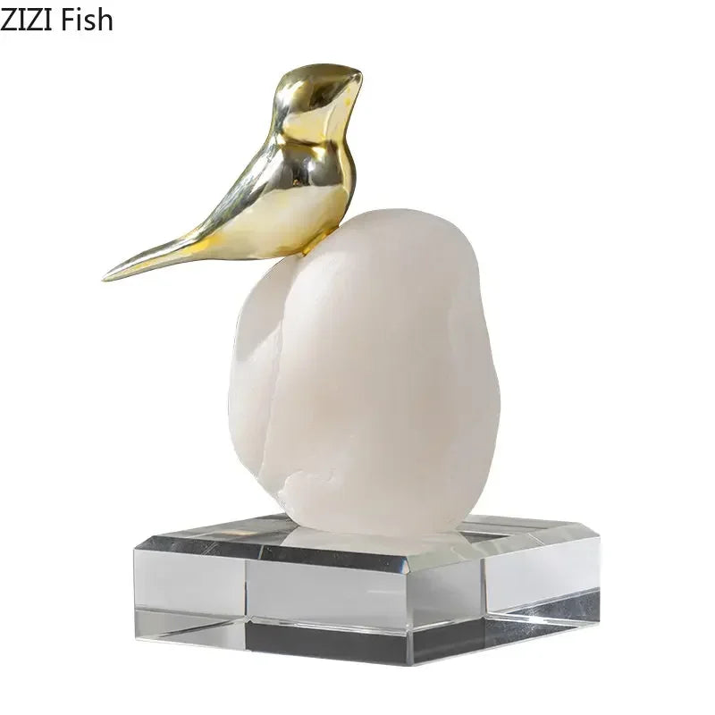 Decorbites™ Goldener Vogel-Statue Kristallbasis Schreibtisch-Dekoration, vergoldete moderne Heimdekoration