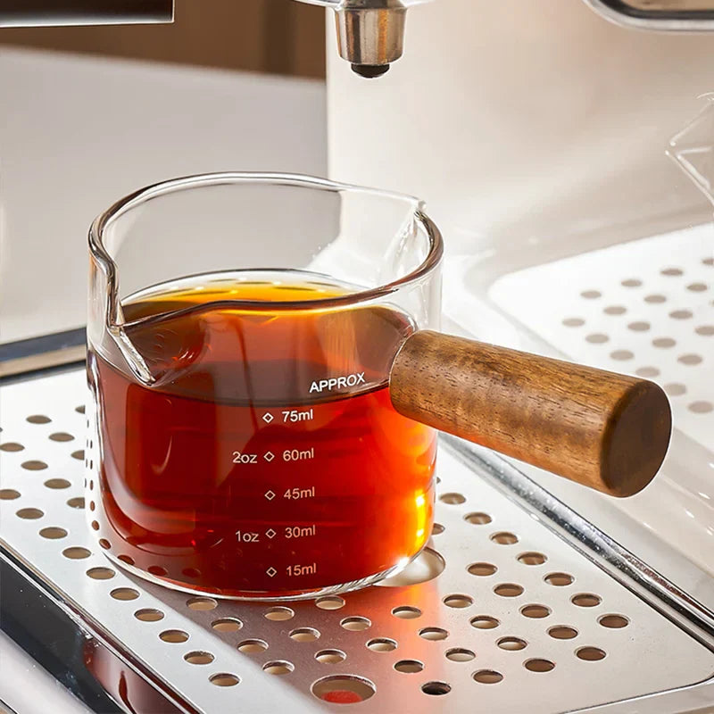 Decorbites™ Glas-Espresso-Messbecher mit Holzgriff, transparenter Milchkrug