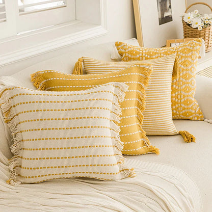 Decorbites™ Geometrisches Tufting-Kissenbezug mit Häkelquasten – Nordisches Gelbes Gestreiftes Kissenbezug