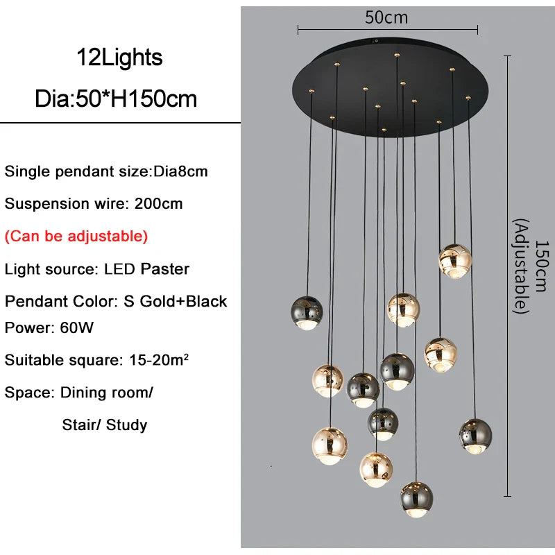 DecorBites™ Crystal Ball Pendant Light for Modern Living Room, Black & Gold Luxury Fixture