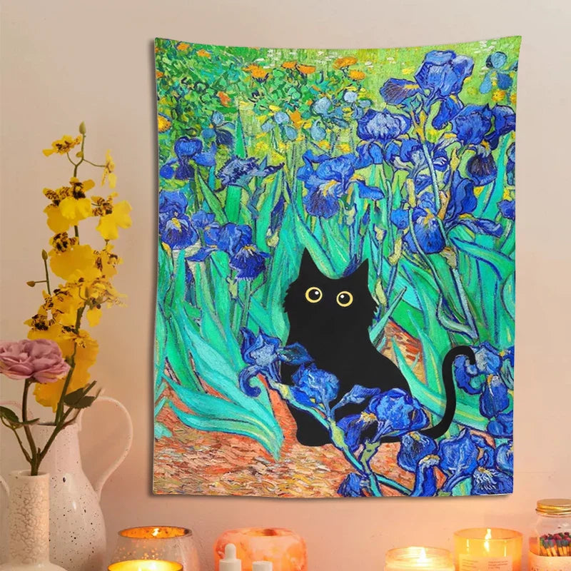 Decorbites™ Iris-Teppich mit Katze: Von Van Gogh inspirierte Kunst mit schwarzer Katze & Blumenmuster